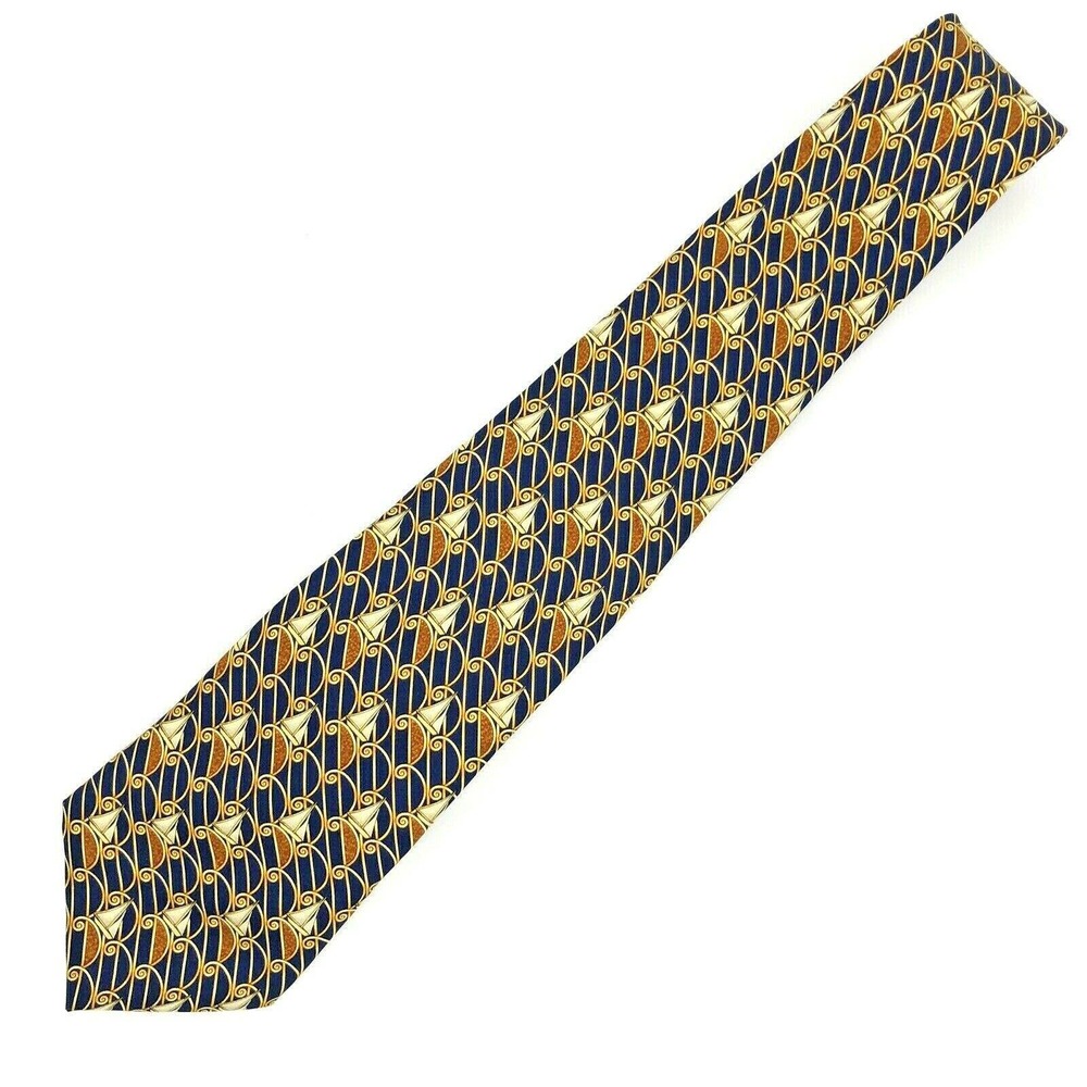 Lanvin Paris Mens Silk Sailboat Blue Gold Yellow Neck Tie 57L 3.75W